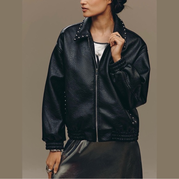 Anthropologie Pilcro Rylie Studded Faux-Leather Bomber Jacket Black Medium NWT - Picture 2 of 16